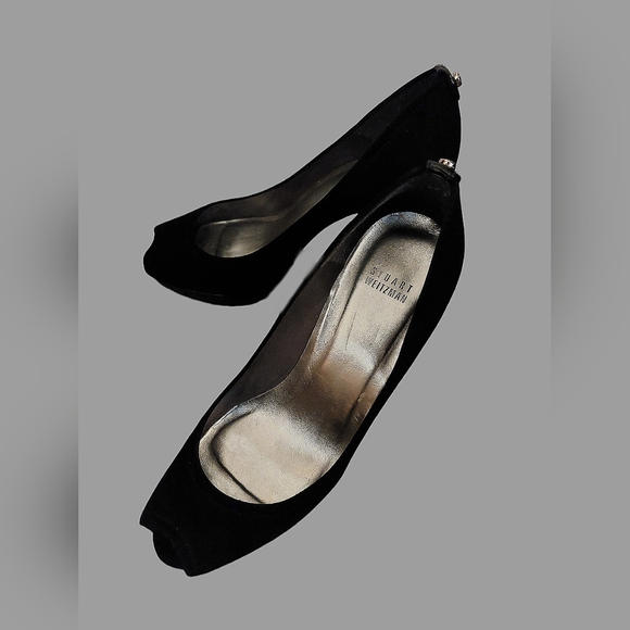 Stuart Weitzman Genuine Leather, black peep toe, platform heels - Picture 2 of 6